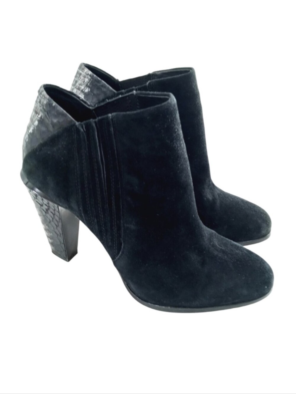 L.A.M.B. Gwen‎ Stefani Black Suede Snake Heel Ankle Boots